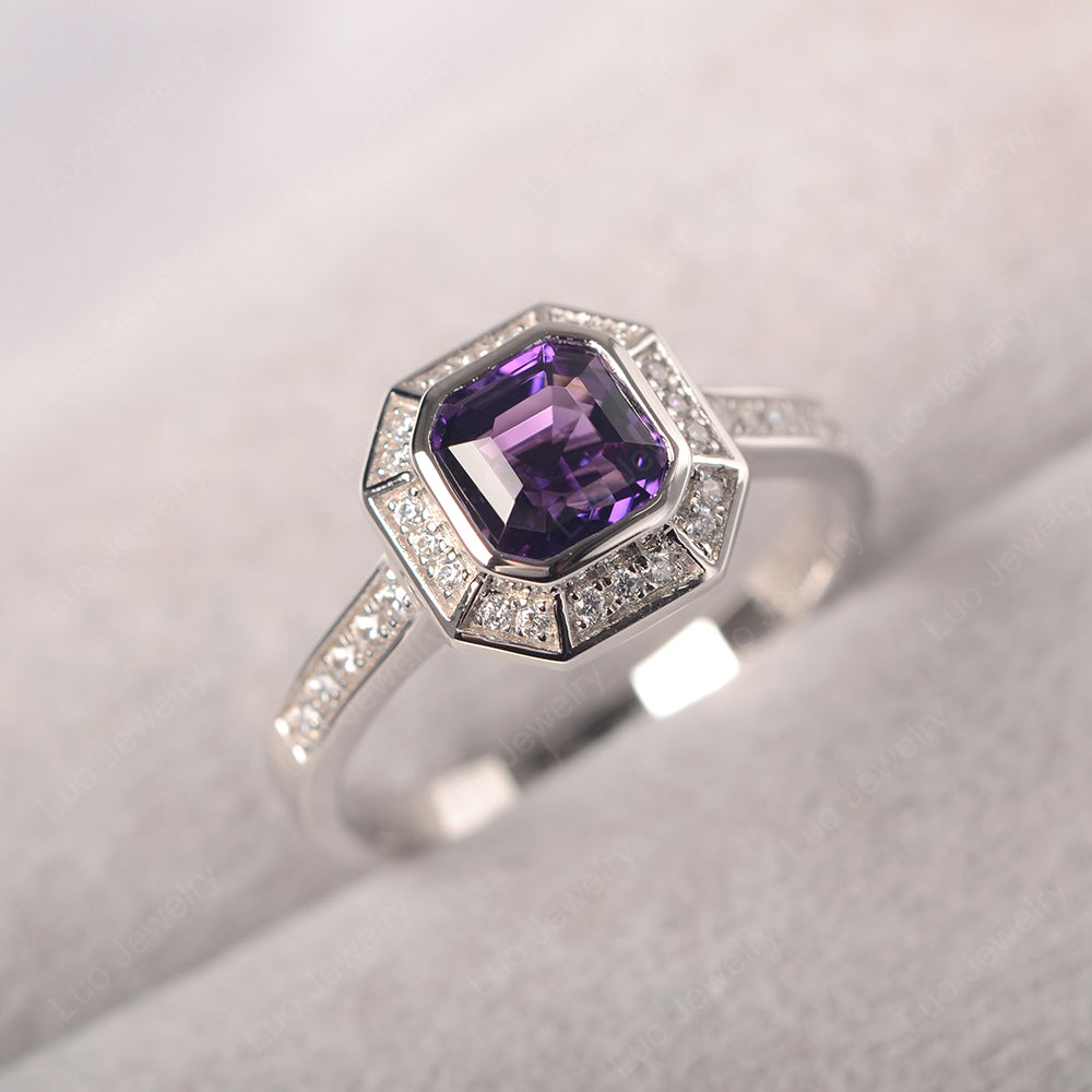 Asscher Cut Amethyst Bezel Set Halo Engagement Ring - LUO Jewelry