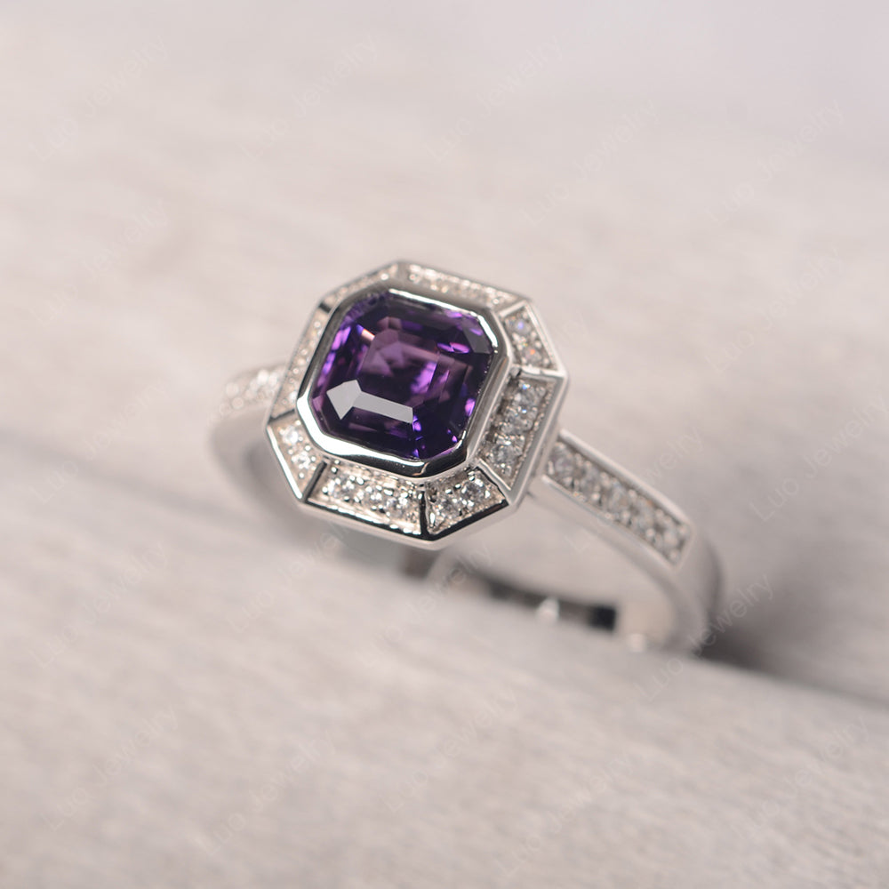 Asscher Cut Amethyst Bezel Set Halo Engagement Ring - LUO Jewelry