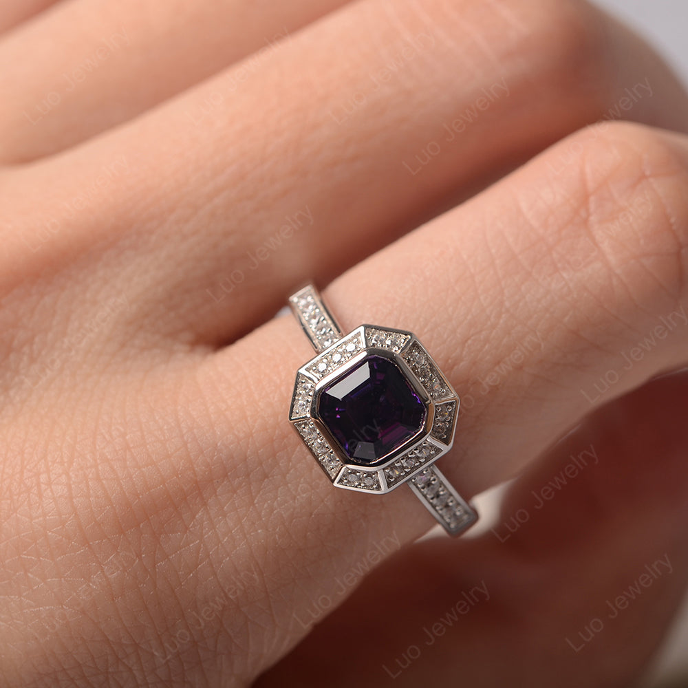 Asscher Cut Amethyst Bezel Set Halo Engagement Ring - LUO Jewelry