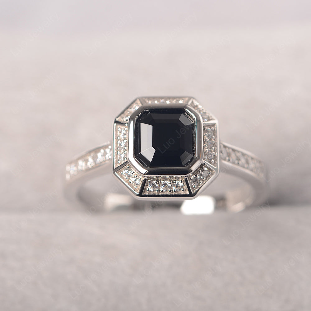 Asscher Cut Black Spinel Bezel Set Halo Engagement Ring - LUO Jewelry