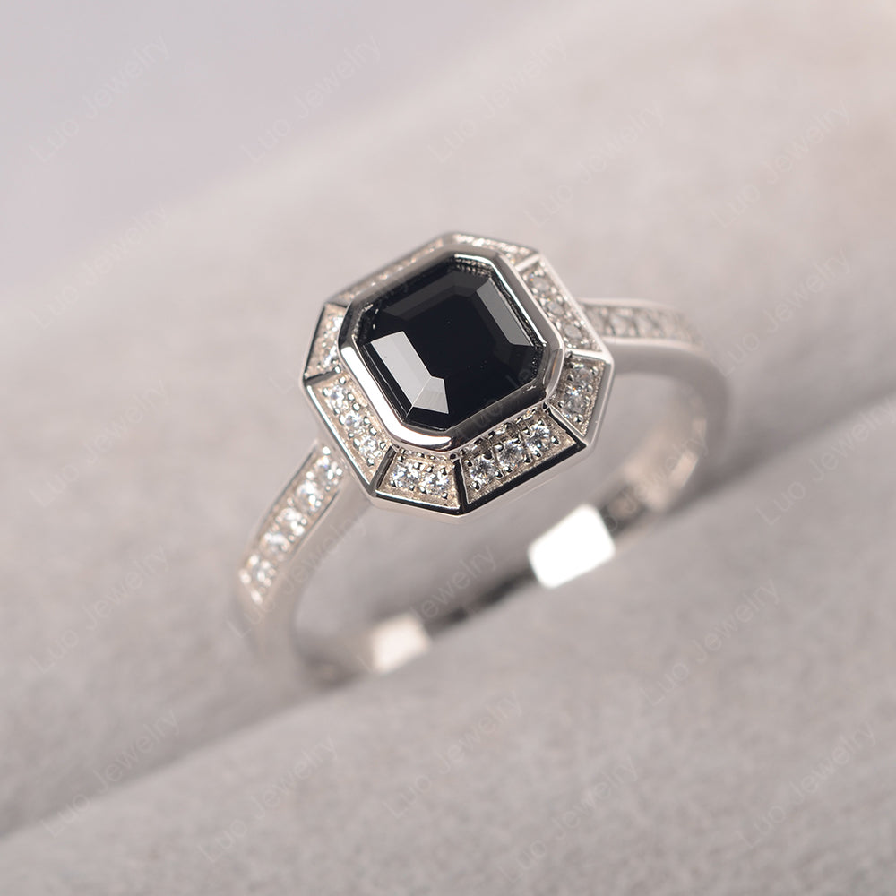 Asscher Cut Black Spinel Bezel Set Halo Engagement Ring - LUO Jewelry