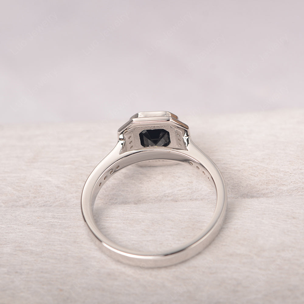 Asscher Cut Black Spinel Bezel Set Halo Engagement Ring - LUO Jewelry