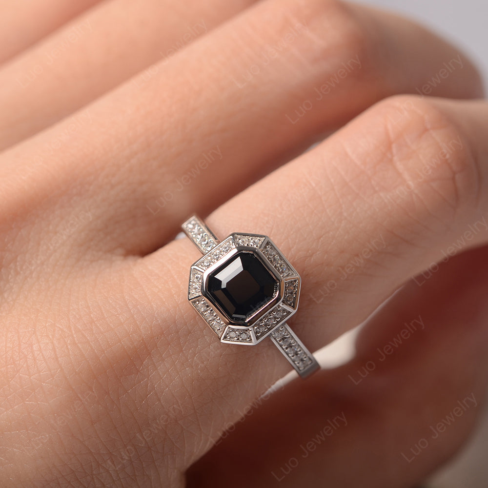 Asscher Cut Black Spinel Bezel Set Halo Engagement Ring - LUO Jewelry