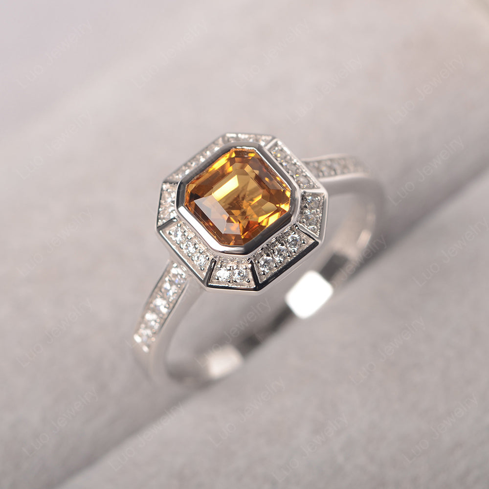 Asscher Cut Citrine Bezel Set Halo Engagement Ring - LUO Jewelry
