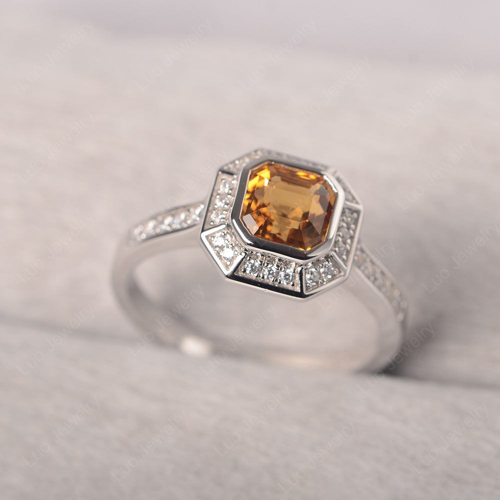 Asscher Cut Citrine Bezel Set Halo Engagement Ring - LUO Jewelry