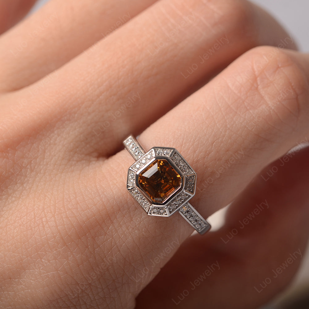 Asscher Cut Citrine Bezel Set Halo Engagement Ring - LUO Jewelry
