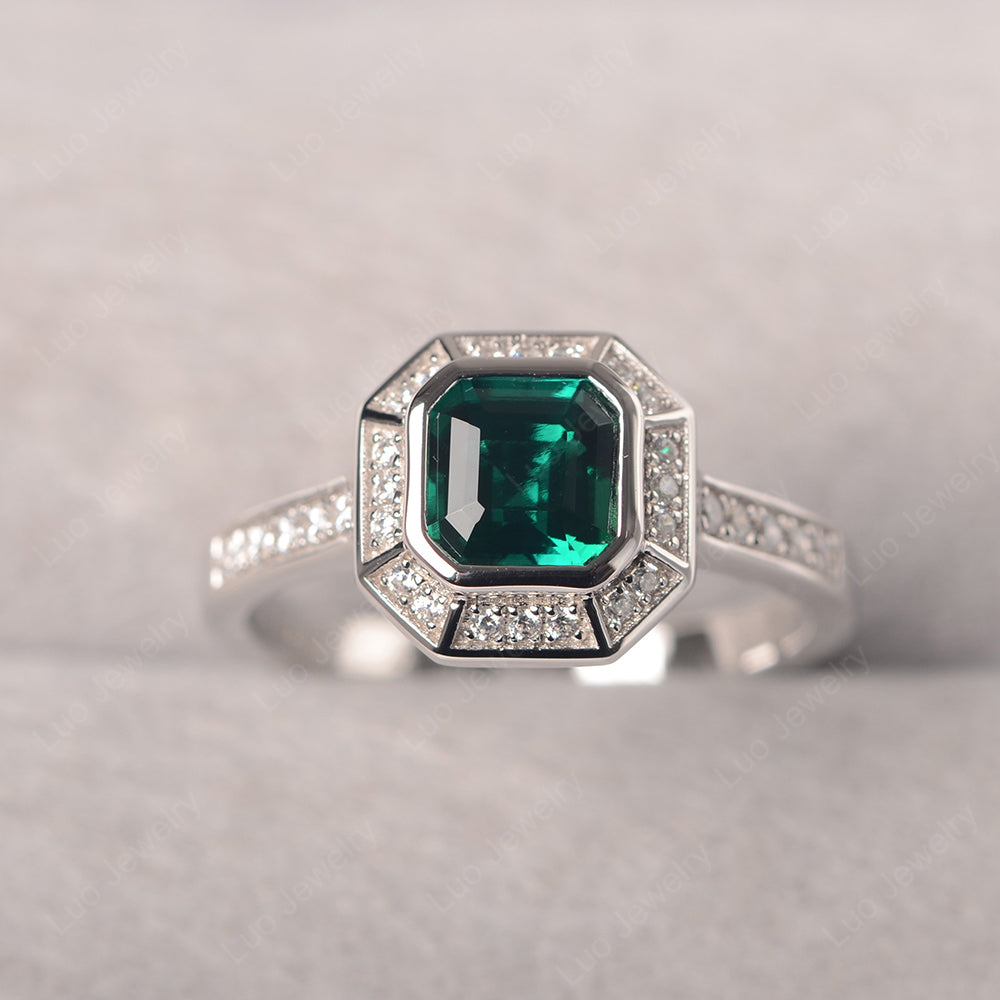 Asscher Cut Lab Emerald Bezel Set Halo Engagement Ring - LUO Jewelry