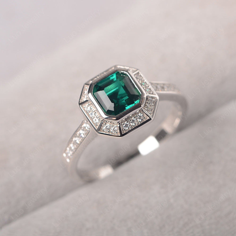 Asscher Cut Lab Emerald Bezel Set Halo Engagement Ring - LUO Jewelry