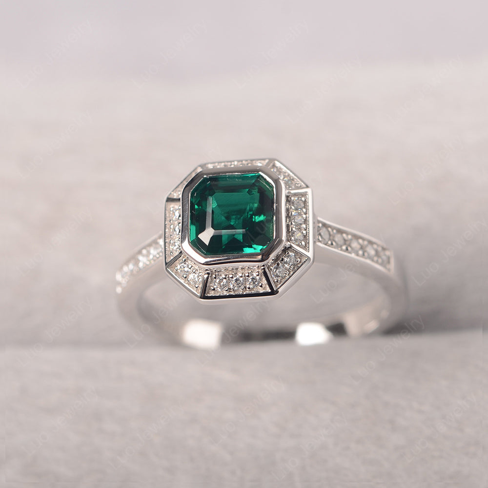 Asscher Cut Lab Emerald Bezel Set Halo Engagement Ring - LUO Jewelry