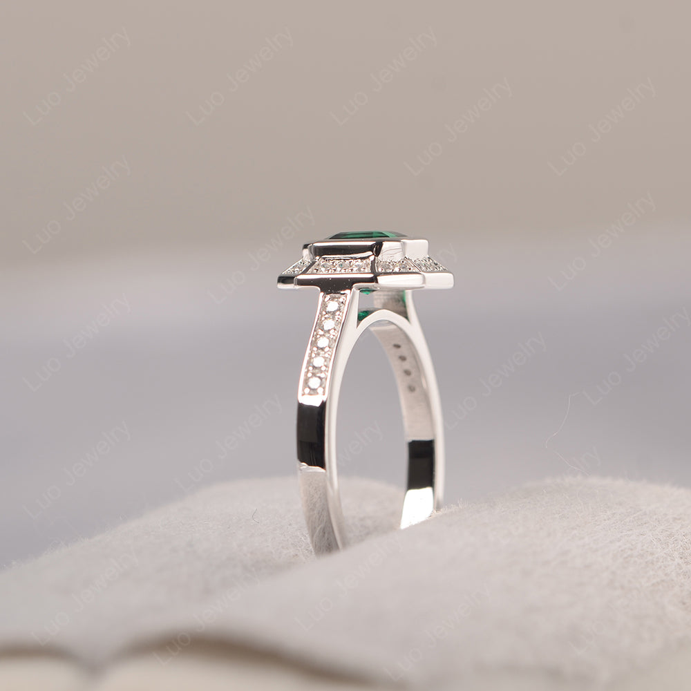 Asscher Cut Lab Emerald Bezel Set Halo Engagement Ring - LUO Jewelry
