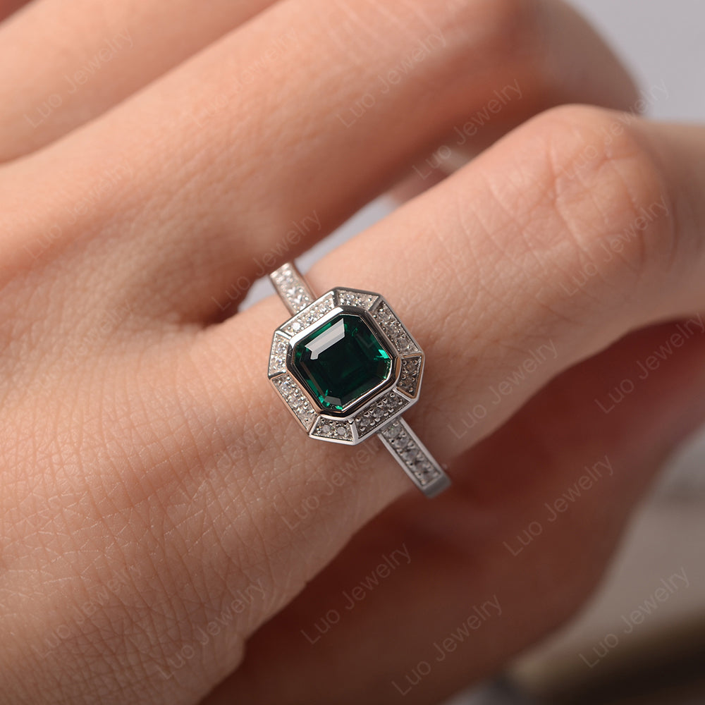 Asscher Cut Lab Emerald Bezel Set Halo Engagement Ring - LUO Jewelry