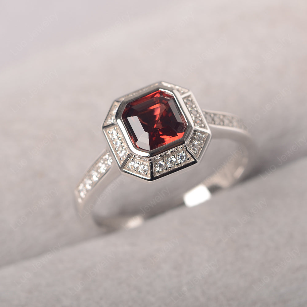Asscher Cut Garnet Bezel Set Halo Engagement Ring - LUO Jewelry