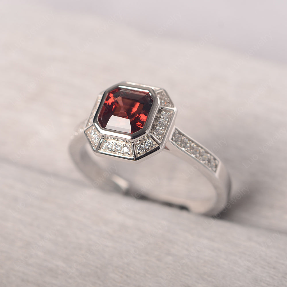 Asscher Cut Garnet Bezel Set Halo Engagement Ring - LUO Jewelry