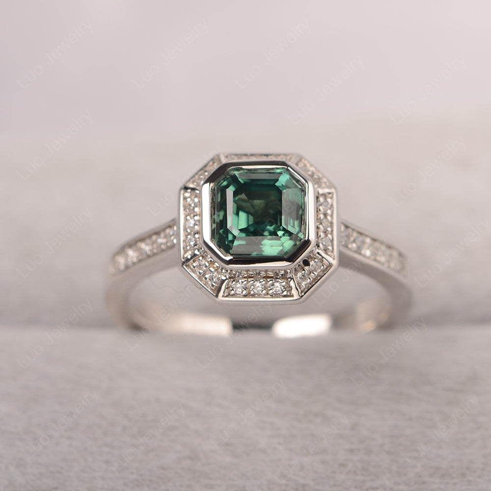 Asscher Cut Green Sapphire Bezel Set Halo Engagement Ring - LUO Jewelry