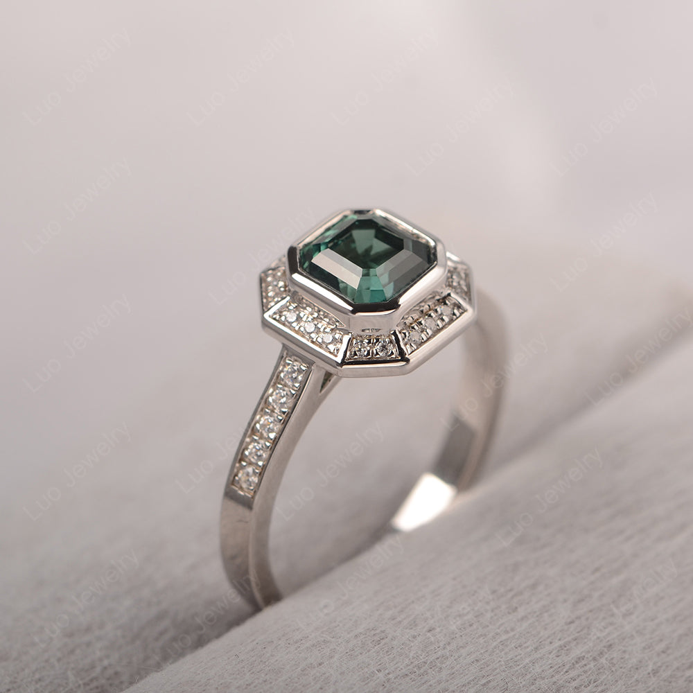 Asscher Cut Green Sapphire Bezel Set Halo Engagement Ring - LUO Jewelry