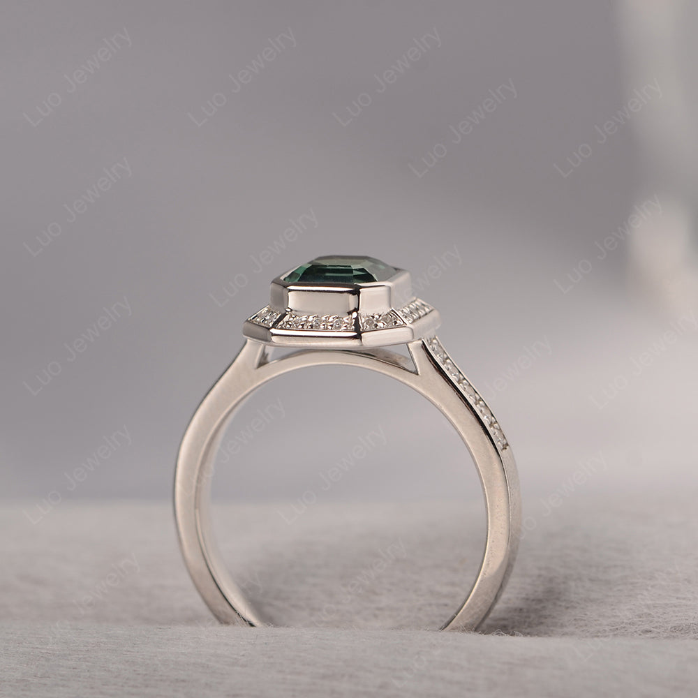 Asscher Cut Green Sapphire Bezel Set Halo Engagement Ring - LUO Jewelry