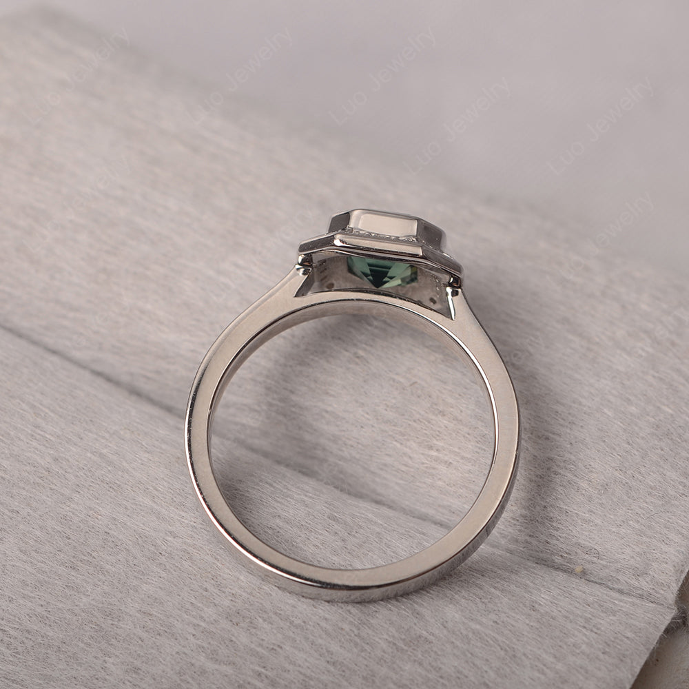 Asscher Cut Green Sapphire Bezel Set Halo Engagement Ring - LUO Jewelry