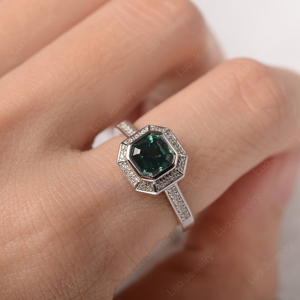 Asscher Cut Green Sapphire Bezel Set Halo Engagement Ring - LUO Jewelry