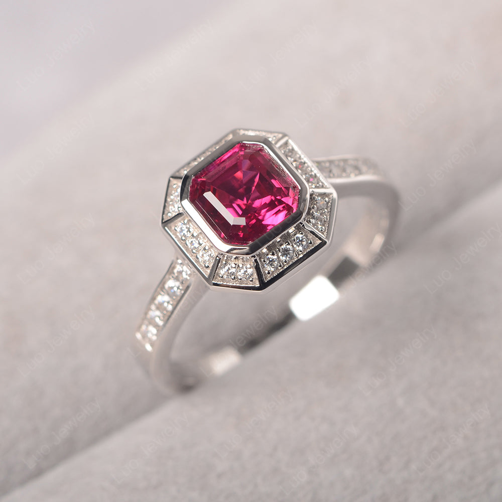 Asscher Cut Ruby Bezel Set Halo Engagement Ring - LUO Jewelry