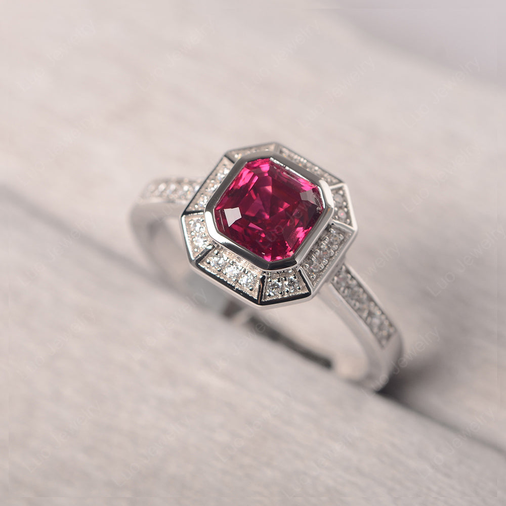 Asscher Cut Ruby Bezel Set Halo Engagement Ring - LUO Jewelry