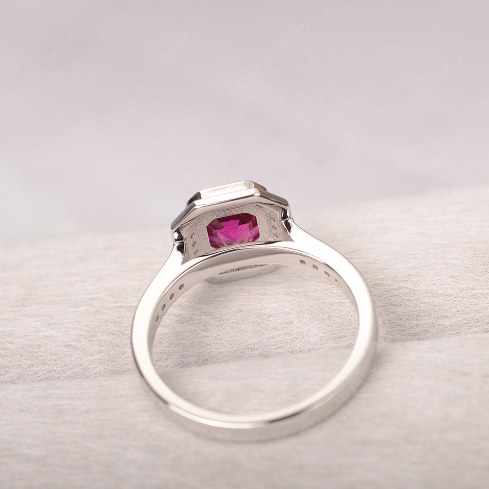 Asscher Cut Ruby Bezel Set Halo Engagement Ring - LUO Jewelry