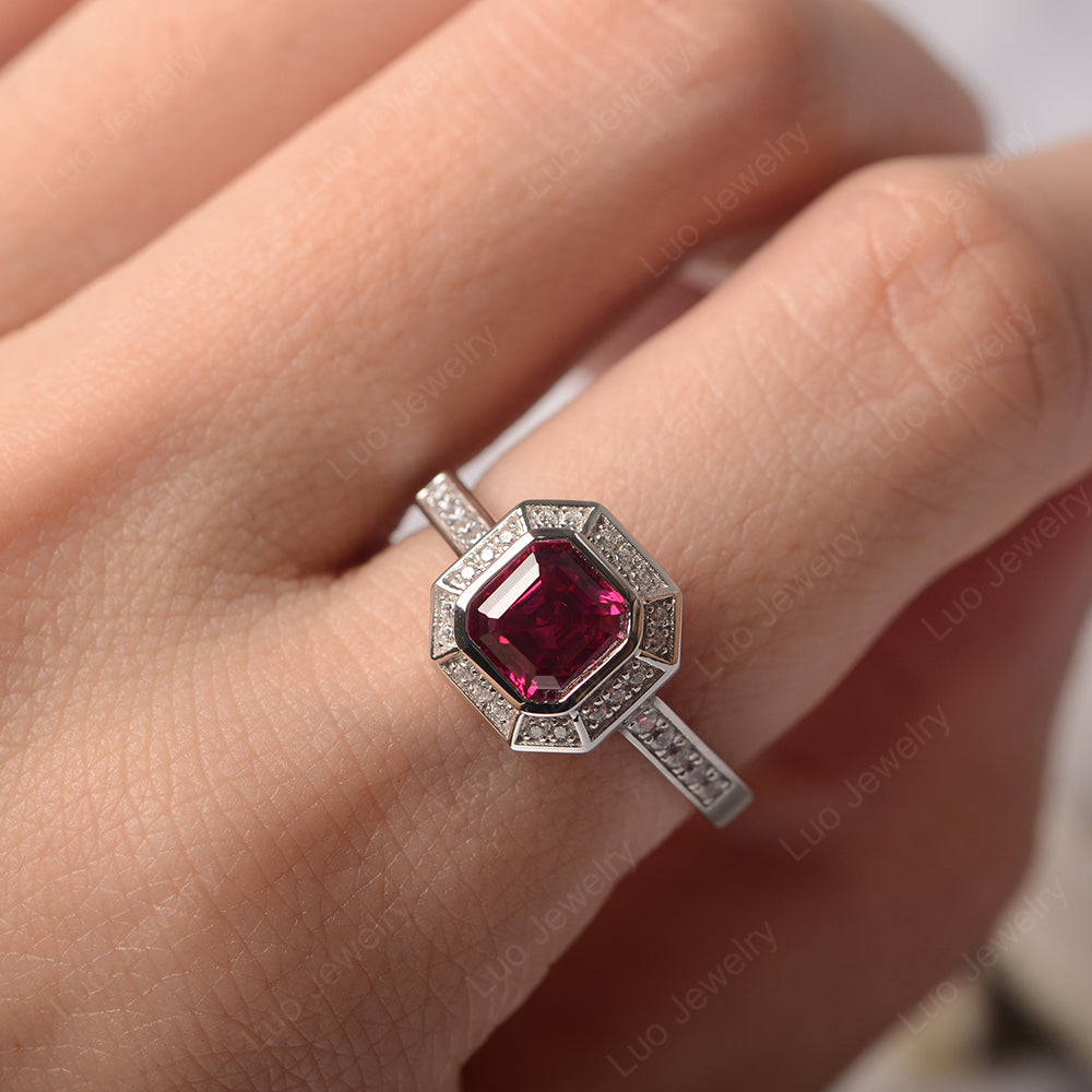 Asscher Cut Ruby Bezel Set Halo Engagement Ring - LUO Jewelry