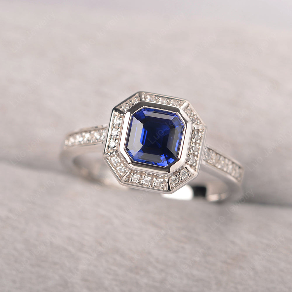 Asscher Cut Lab Sapphire Bezel Set Halo Engagement Ring - LUO Jewelry
