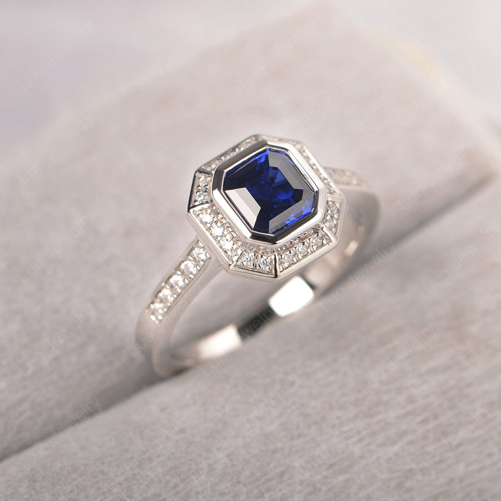 Asscher Cut Lab Sapphire Bezel Set Halo Engagement Ring - LUO Jewelry