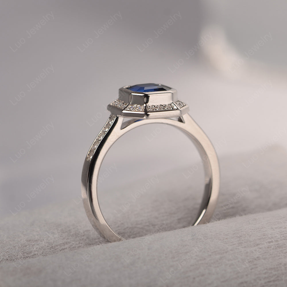 Asscher Cut Lab Sapphire Bezel Set Halo Engagement Ring - LUO Jewelry