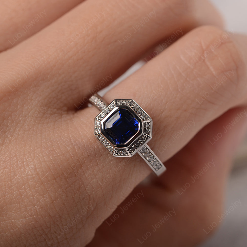 Asscher Cut Lab Sapphire Bezel Set Halo Engagement Ring - LUO Jewelry