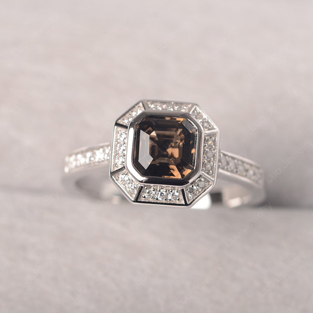 Asscher Cut Smoky Quartz  Bezel Set Halo Engagement Ring - LUO Jewelry
