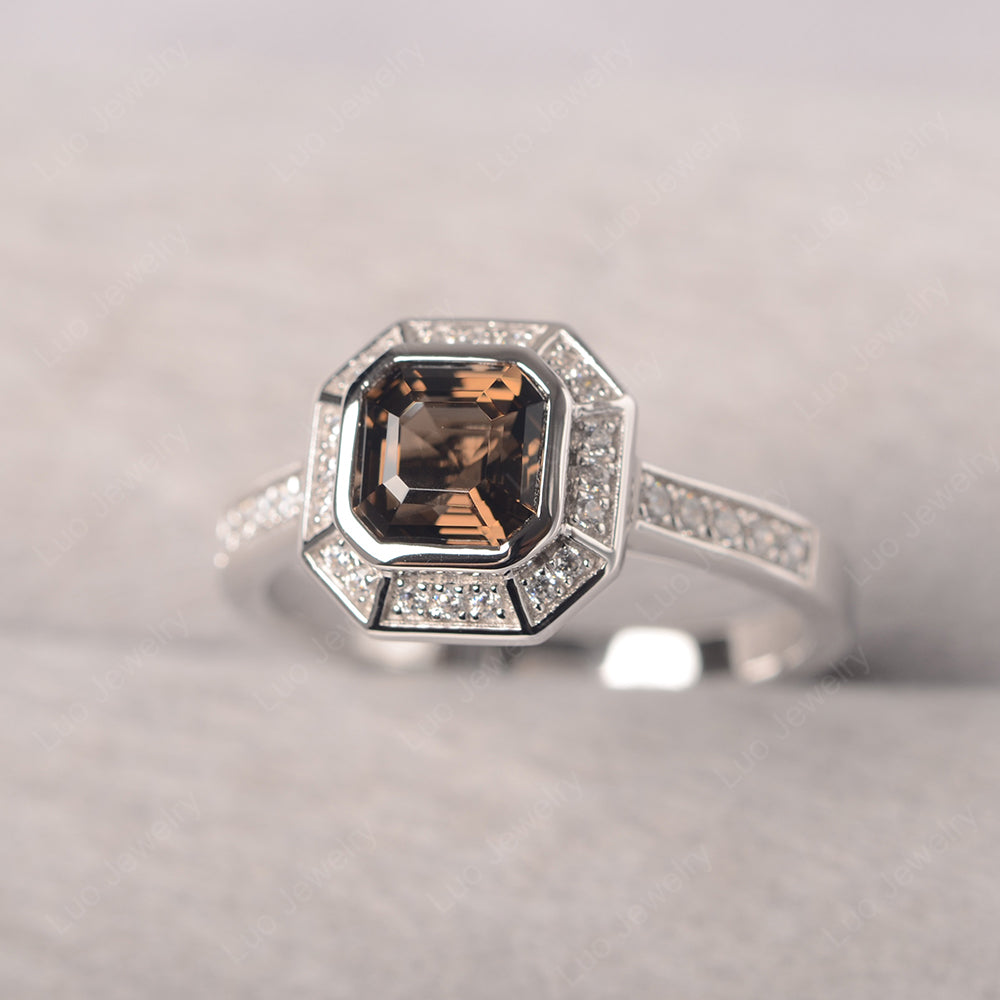 Asscher Cut Smoky Quartz  Bezel Set Halo Engagement Ring - LUO Jewelry