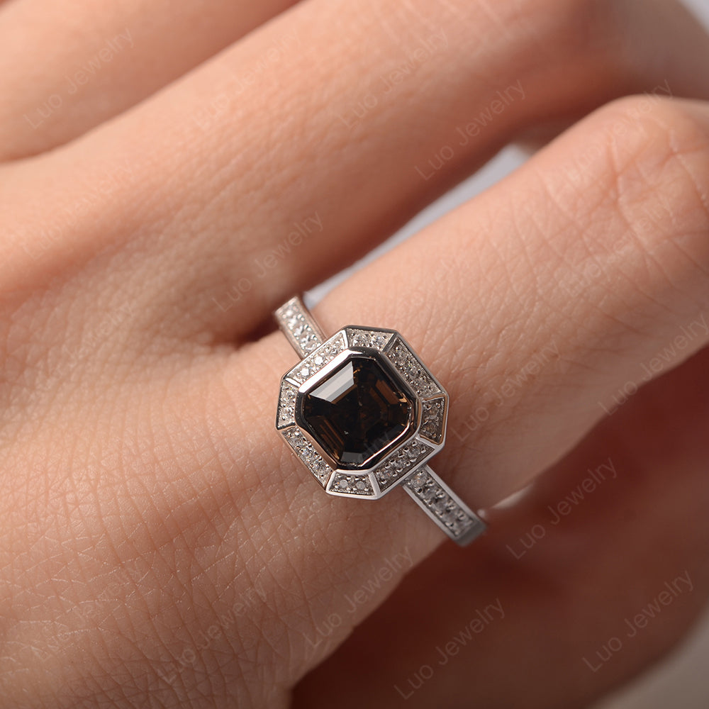 Asscher Cut Smoky Quartz  Bezel Set Halo Engagement Ring - LUO Jewelry