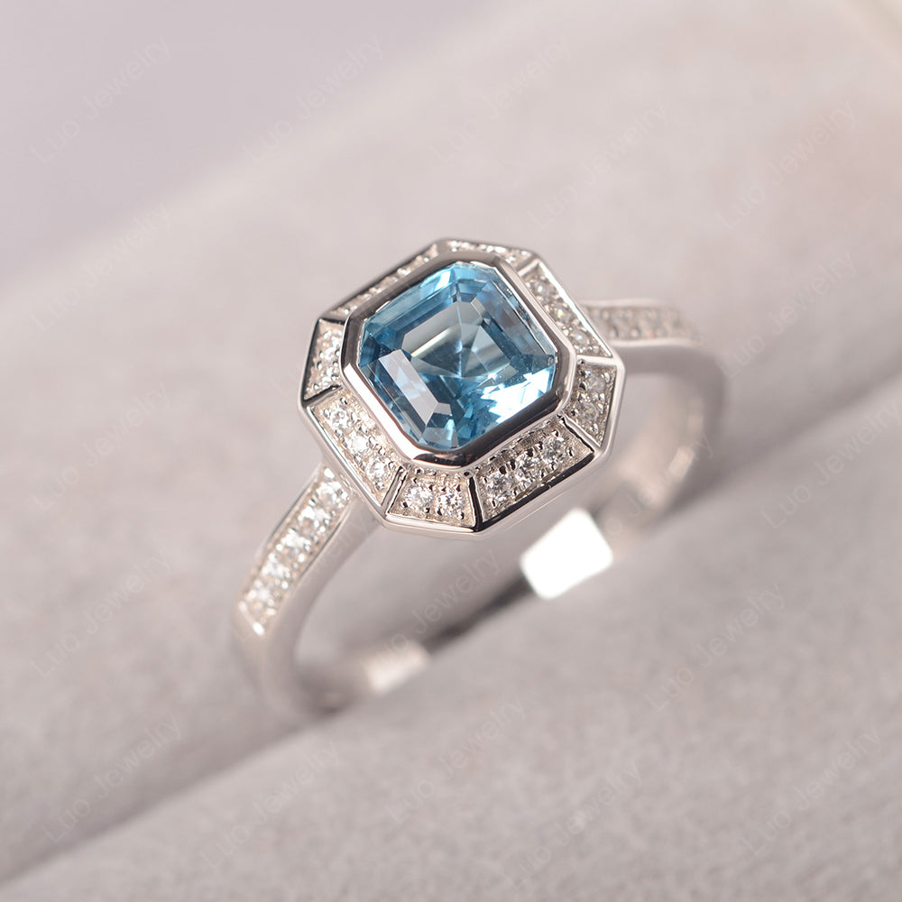 Asscher Cut Swiss Blue Topaz Bezel Set Halo Engagement Ring - LUO Jewelry