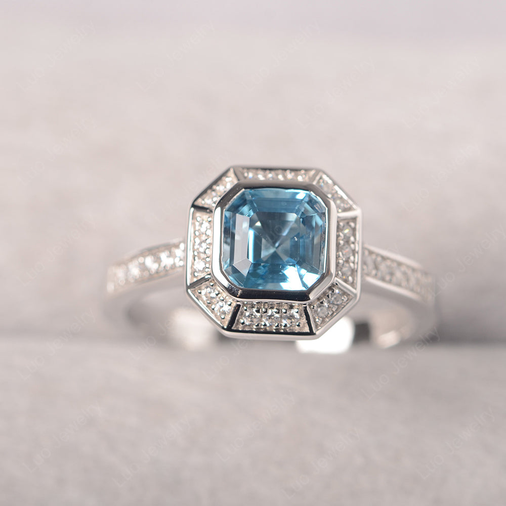 Asscher Cut Swiss Blue Topaz Bezel Set Halo Engagement Ring - LUO Jewelry