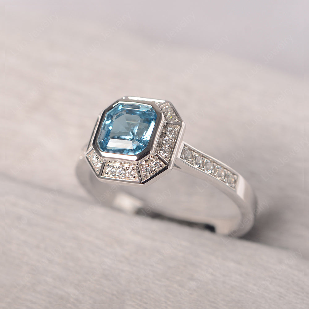 Asscher Cut Swiss Blue Topaz Bezel Set Halo Engagement Ring - LUO Jewelry