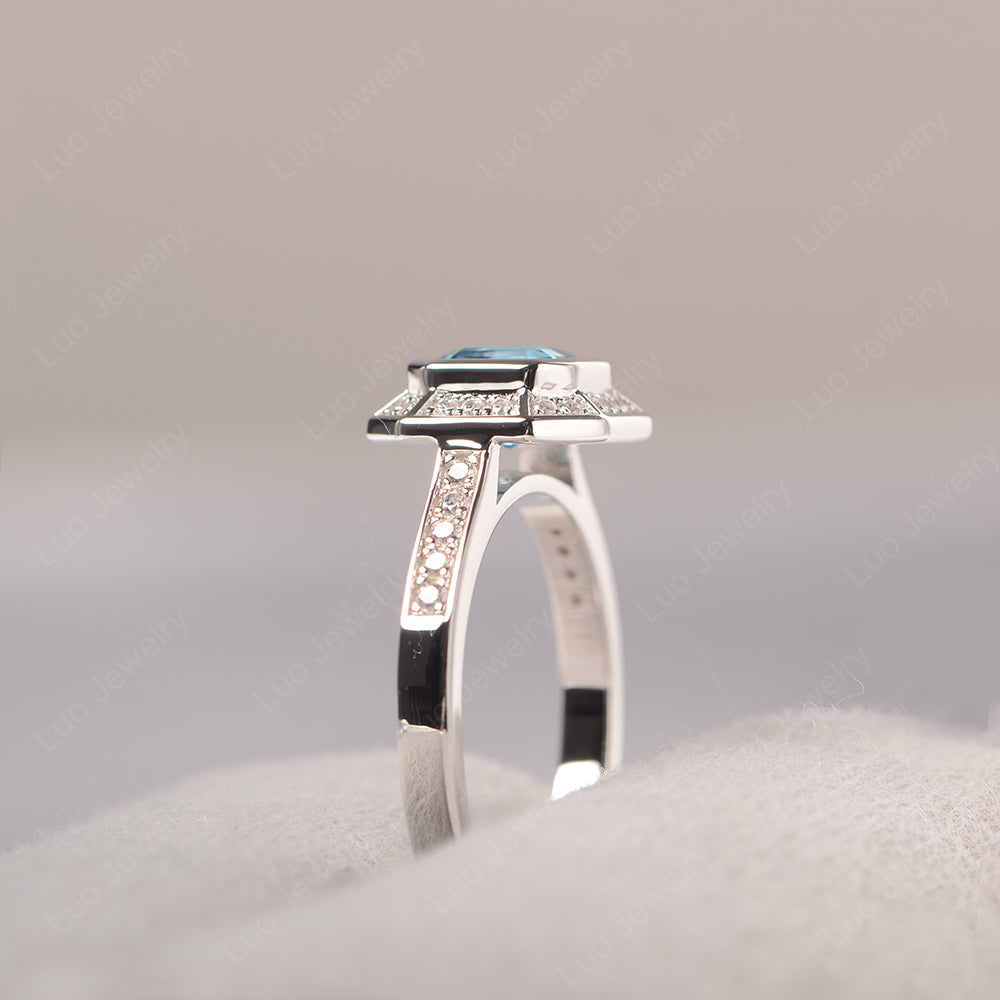 Asscher Cut Swiss Blue Topaz Bezel Set Halo Engagement Ring - LUO Jewelry