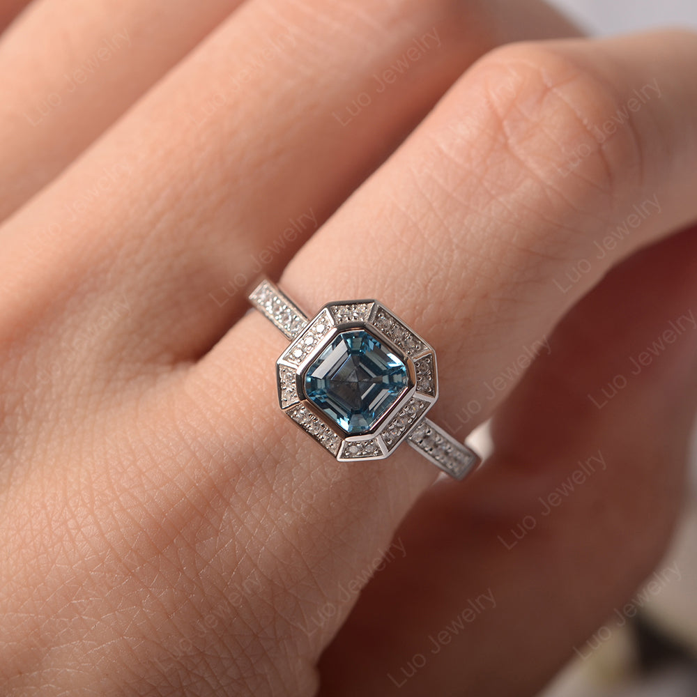 Asscher Cut Swiss Blue Topaz Bezel Set Halo Engagement Ring - LUO Jewelry