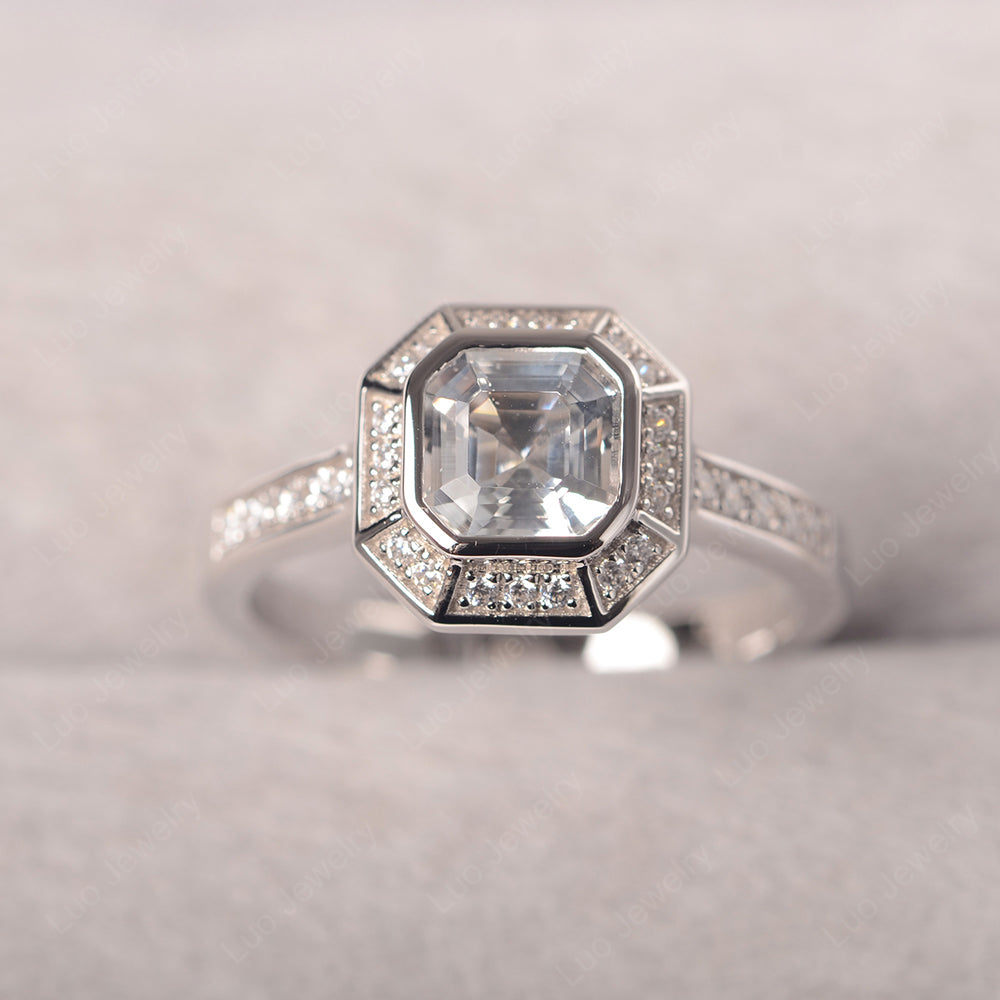 Asscher Cut White Topaz Bezel Set Halo Engagement Ring - LUO Jewelry