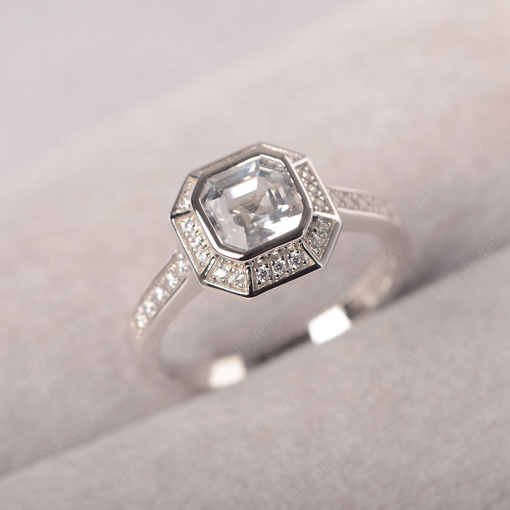 Asscher Cut White Topaz Bezel Set Halo Engagement Ring - LUO Jewelry