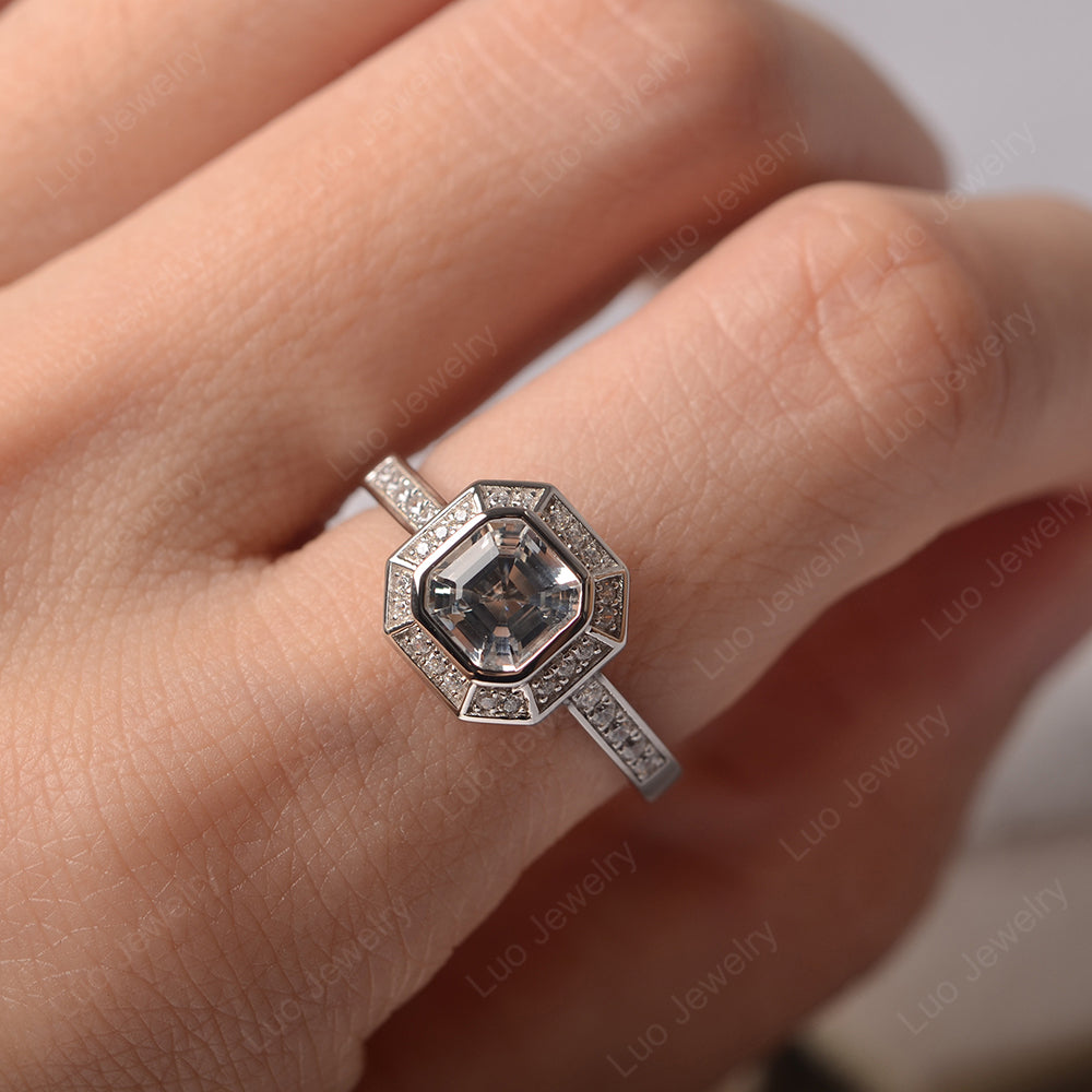 Asscher Cut White Topaz Bezel Set Halo Engagement Ring - LUO Jewelry