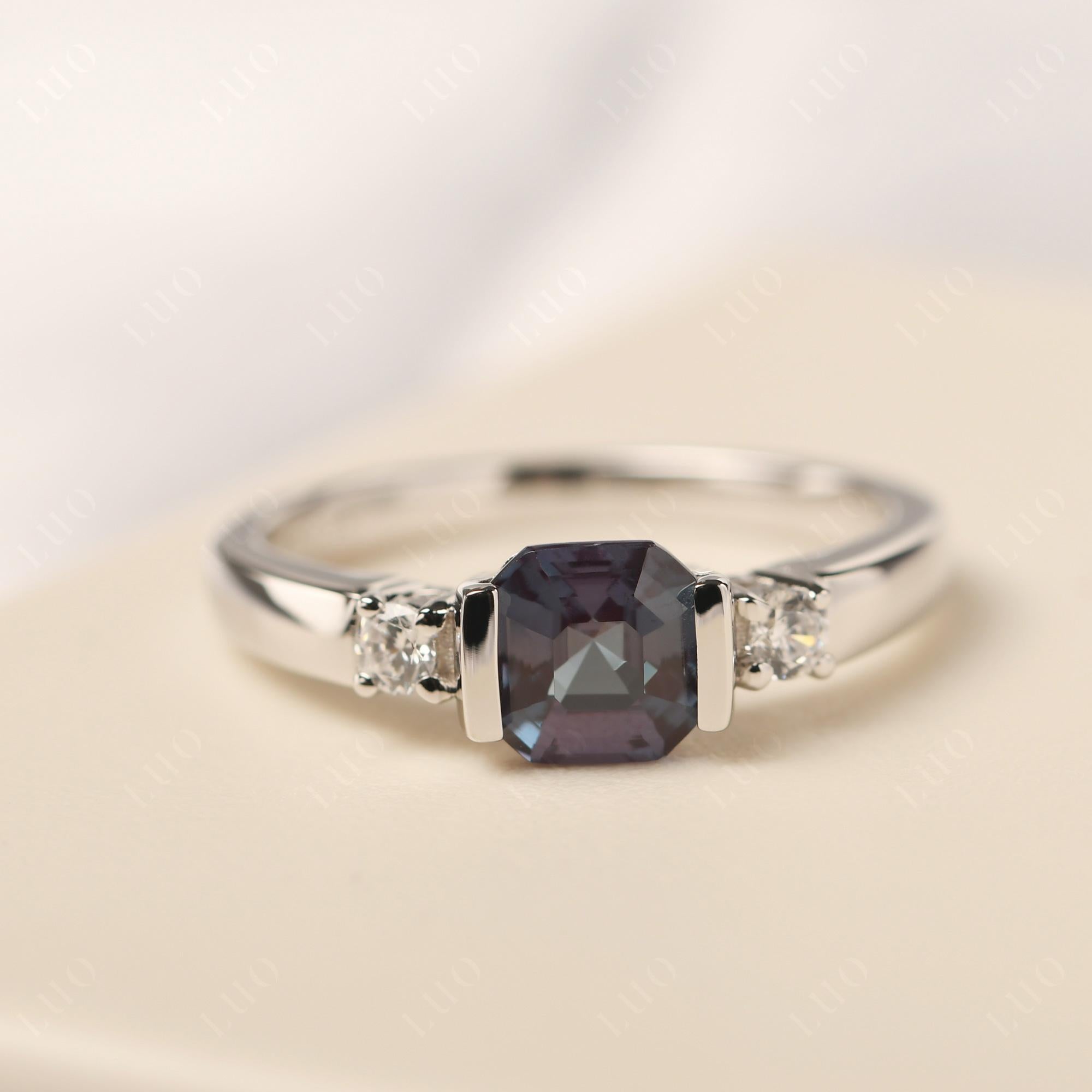 Lab Alexandrite Half Bezel Set Asscher Cut Ring - LUO Jewelry