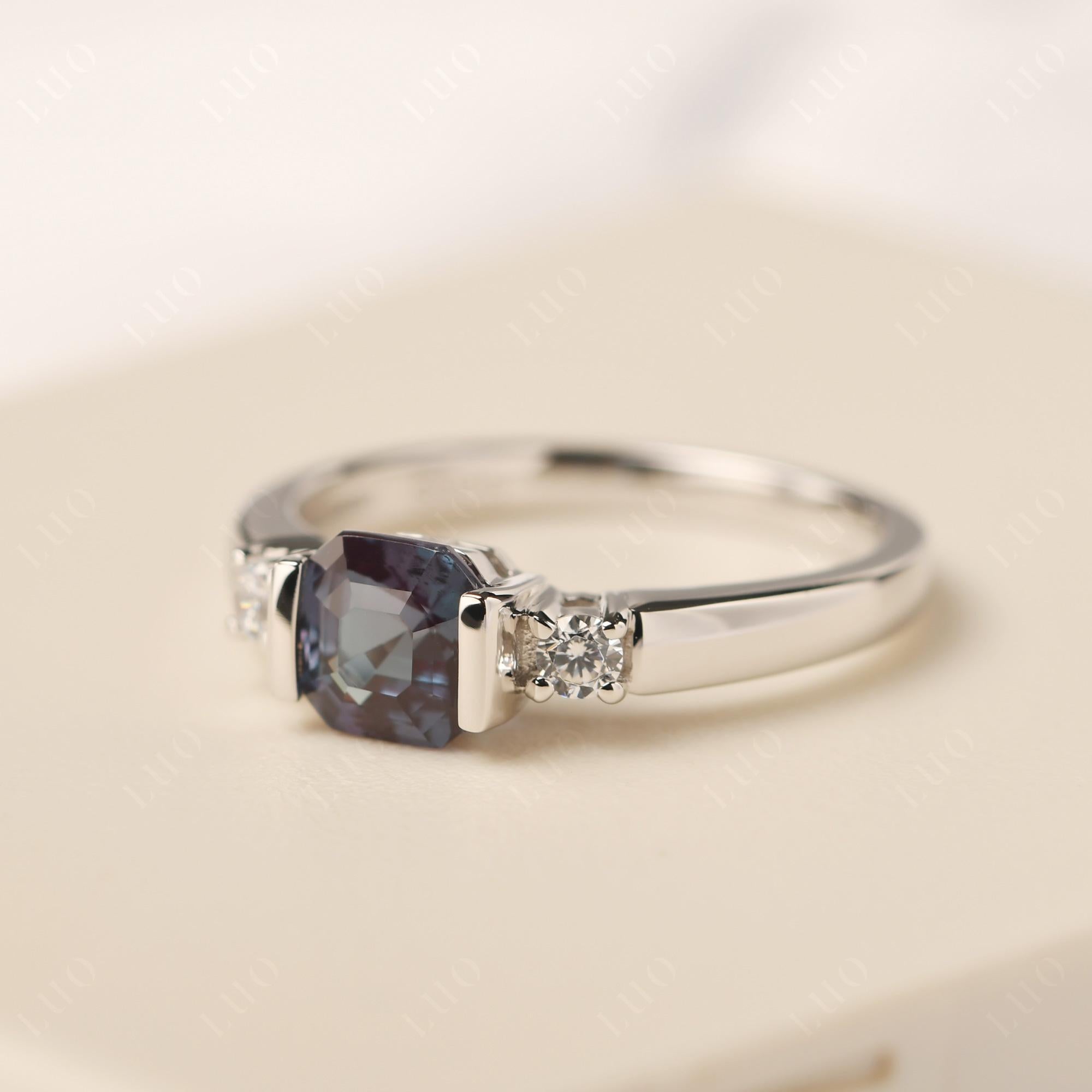 Lab Alexandrite Half Bezel Set Asscher Cut Ring - LUO Jewelry