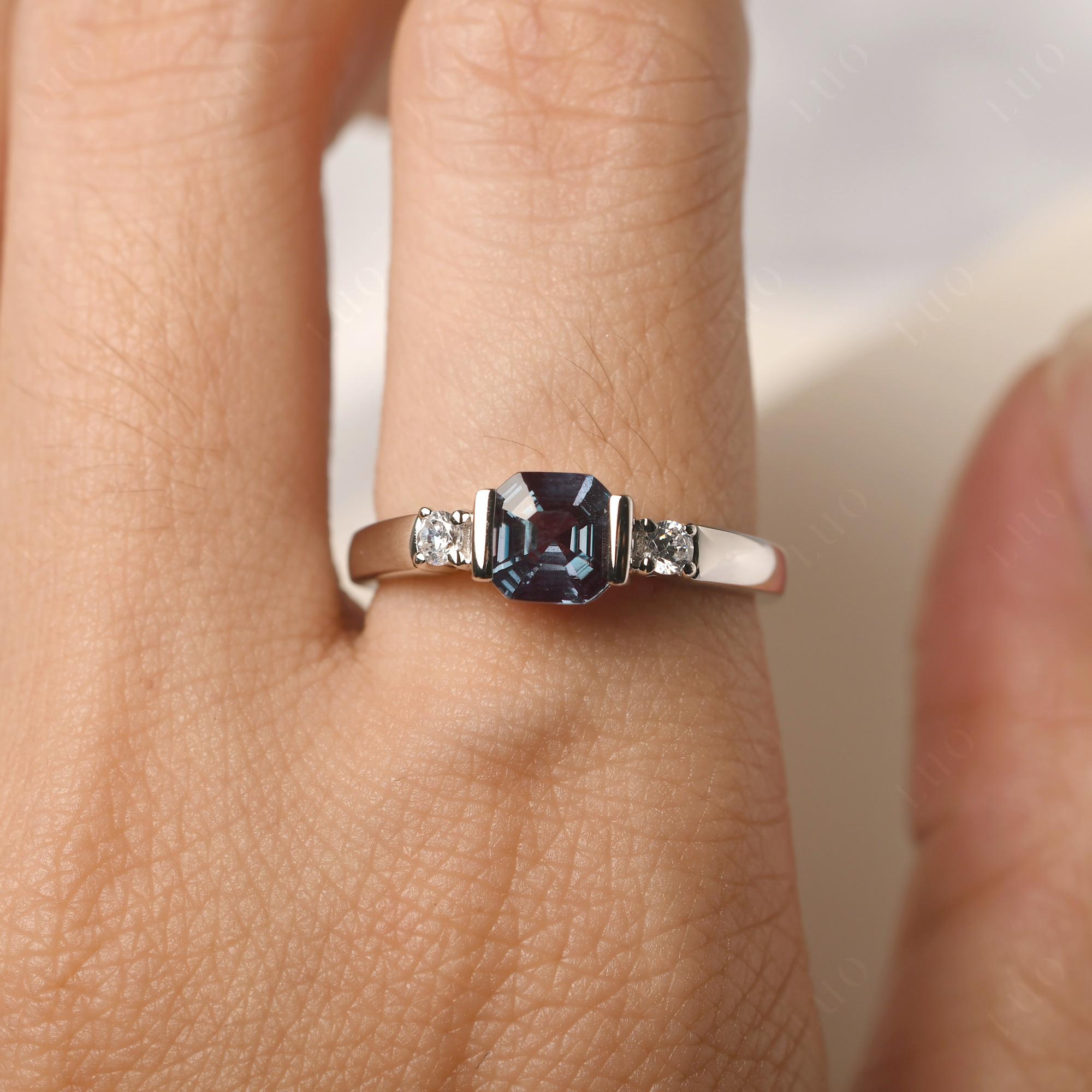 Lab Alexandrite Half Bezel Set Asscher Cut Ring - LUO Jewelry