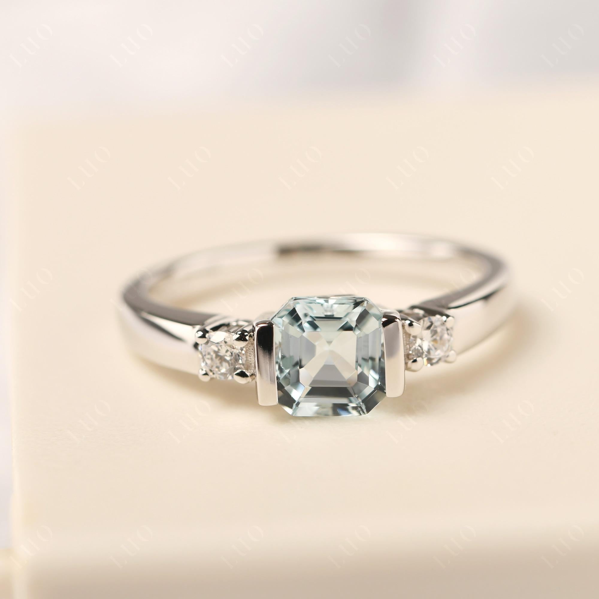Aquamarine Half Bezel Set Asscher Cut Ring - LUO Jewelry