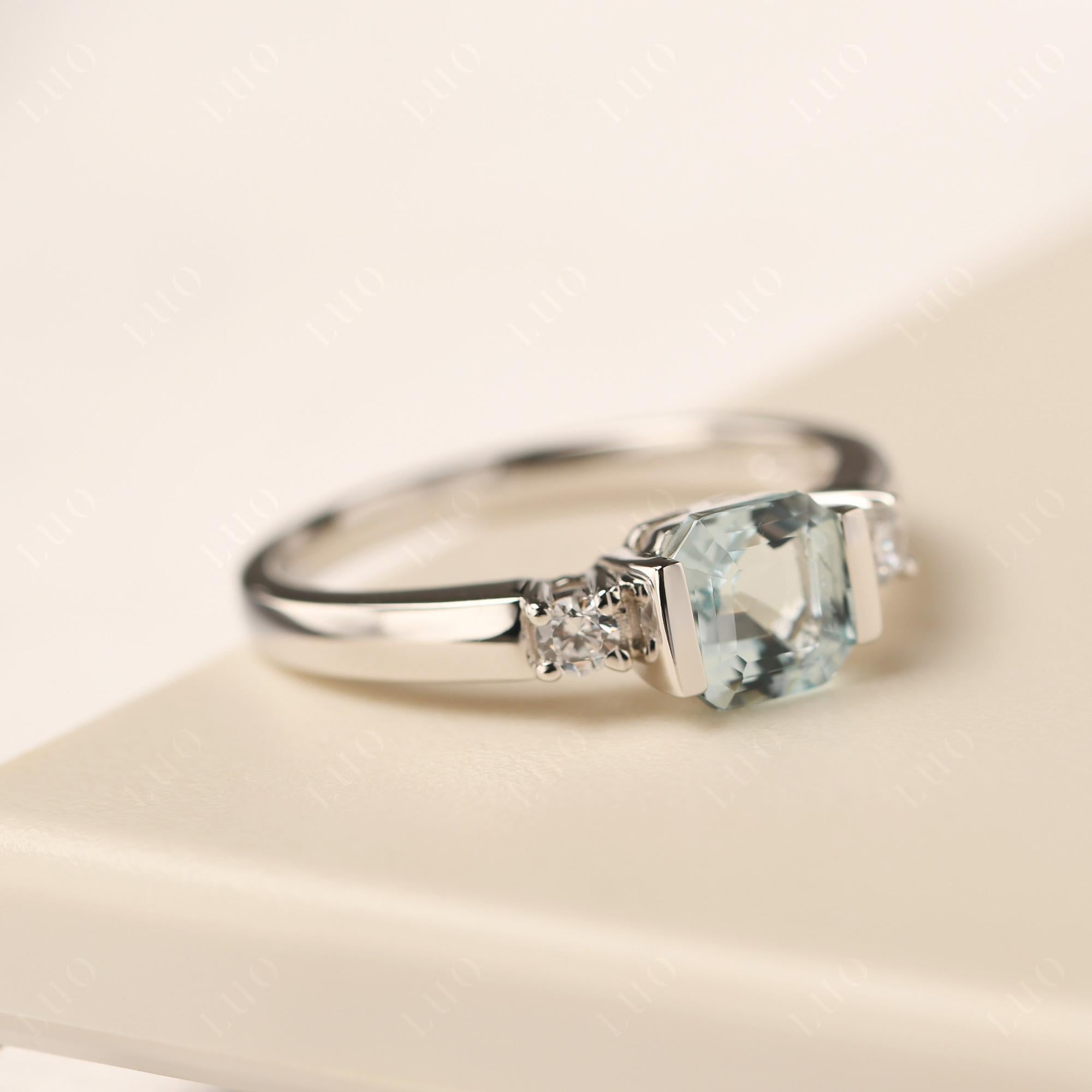 Aquamarine Half Bezel Set Asscher Cut Ring - LUO Jewelry