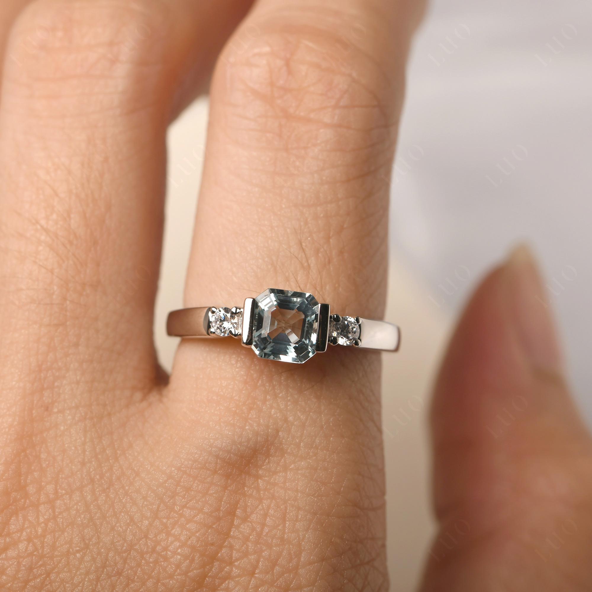 Aquamarine Half Bezel Set Asscher Cut Ring - LUO Jewelry