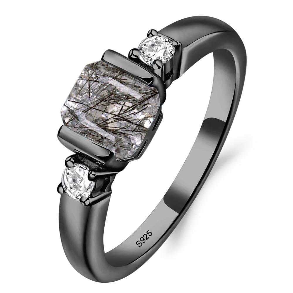 Black Rutilated Quartz Half Bezel Set Asscher Cut Ring - LUO Jewelry #metal_black finish sterling silver