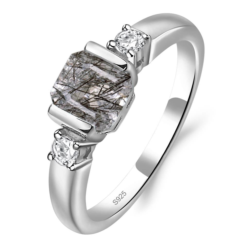 Black Rutilated Quartz Half Bezel Set Asscher Cut Ring - LUO Jewelry #metal_sterling silver
