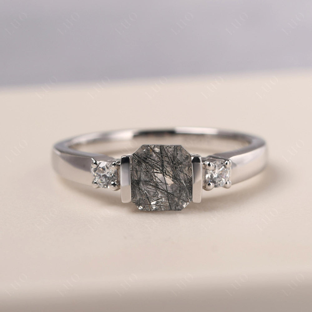 Rutilated Quartz Half Bezel Set Asscher Wedding Rings - LUO Jewelry